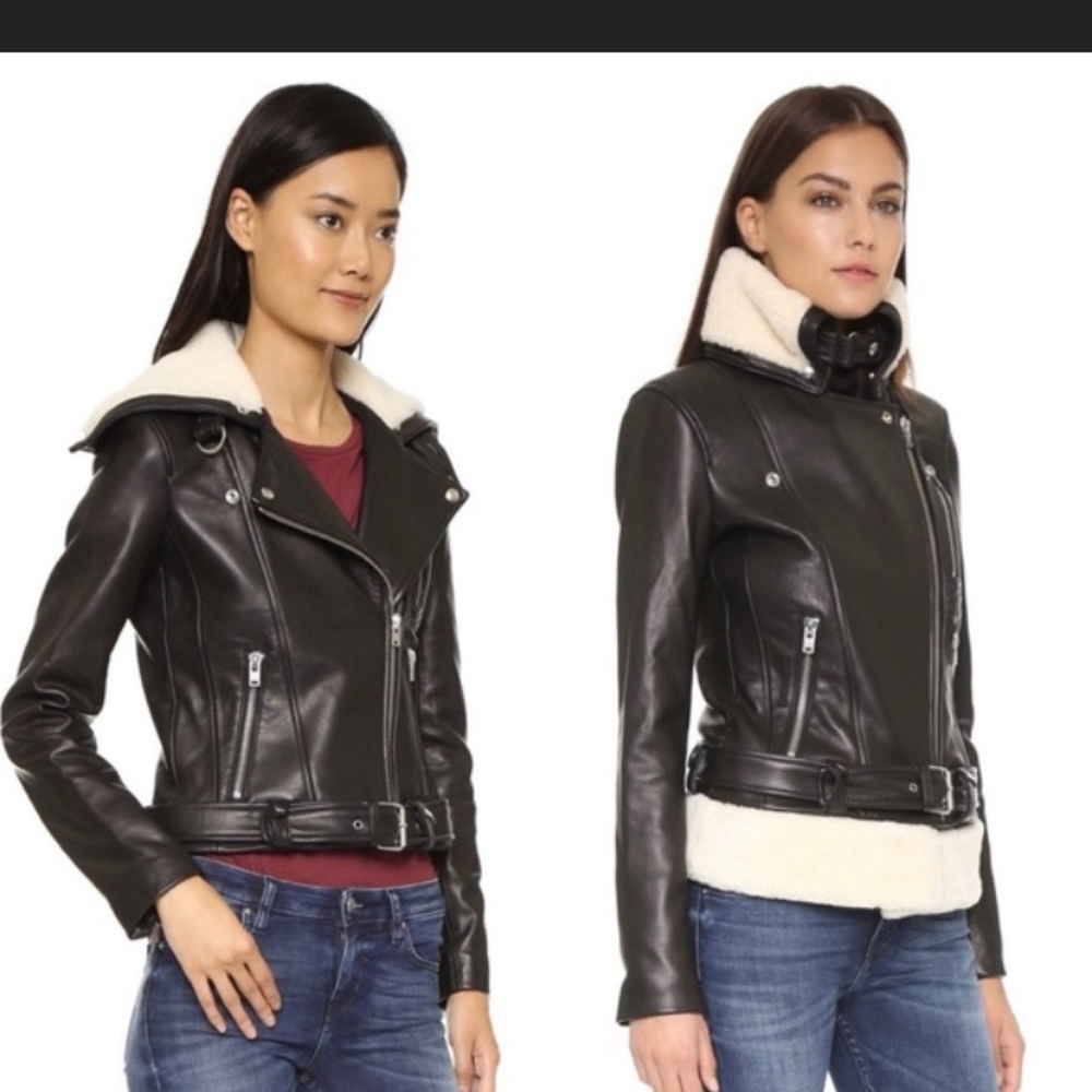 New IRO Black Leather Moto Jacket with Detachable Shearling Trim FR 36 US 0/2